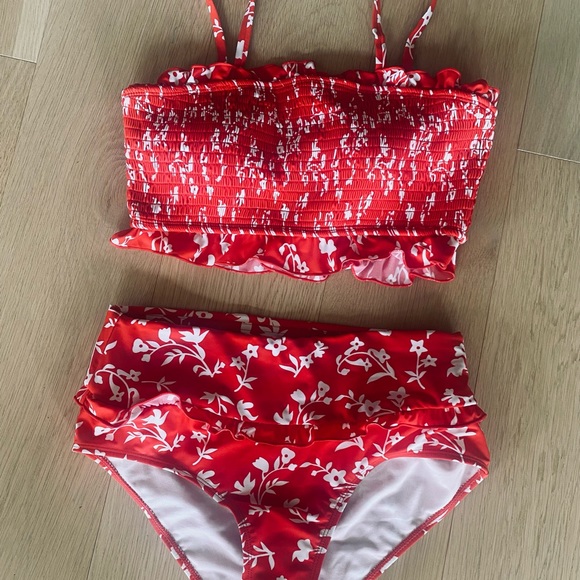 RED DITSY FLORAL SMOCKED TWO PIECE SWIMSUIT - Picture 2 of 4
